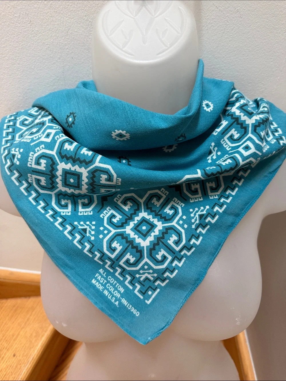 VTG Turquoise Blue Aztec Geometric Cotton Bandana Made in USA RN13960 80’s-90’s